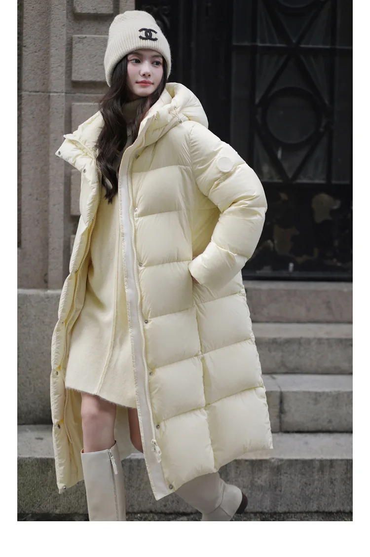 Winter High Quality Long Hooded Down Jacket Women White Duck Down Warm Thick Outwear Female Loose Parker Knee Length Down Jacket