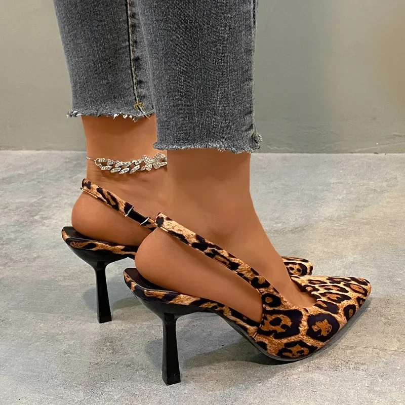 Sexy Pointed Leopard Slingbacks Women Shoes Spring Summer High Heels Temperament French Short Heels Single Shoes Fashion Sandals