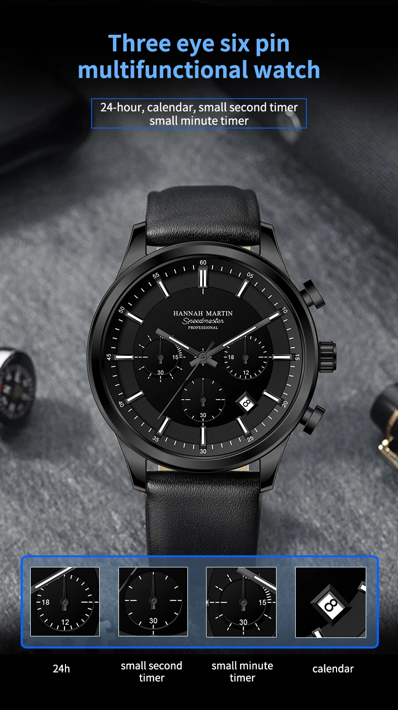 Hannah Martin Marke Herrenuhr Multifunktionales Timing-Zifferblatt Casual Sport Leder Original Quarzwerk Business-Armbanduhr für Herren – Detail 8