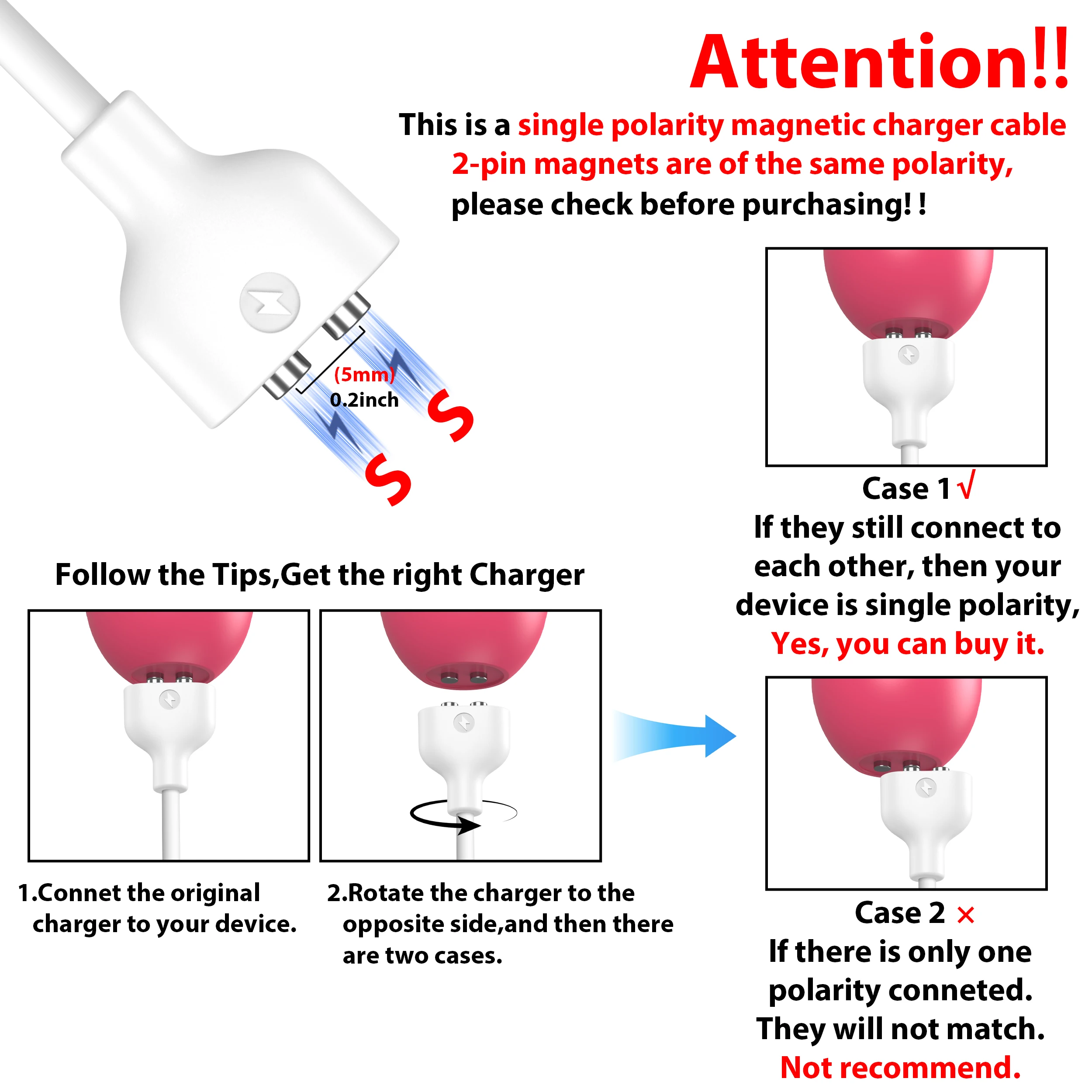 Magnetic Charging Cable Center Spacing 2 Pin 5/6/7mm Magnet Suction USB Power Charger for Beauty Instrument Smart Device