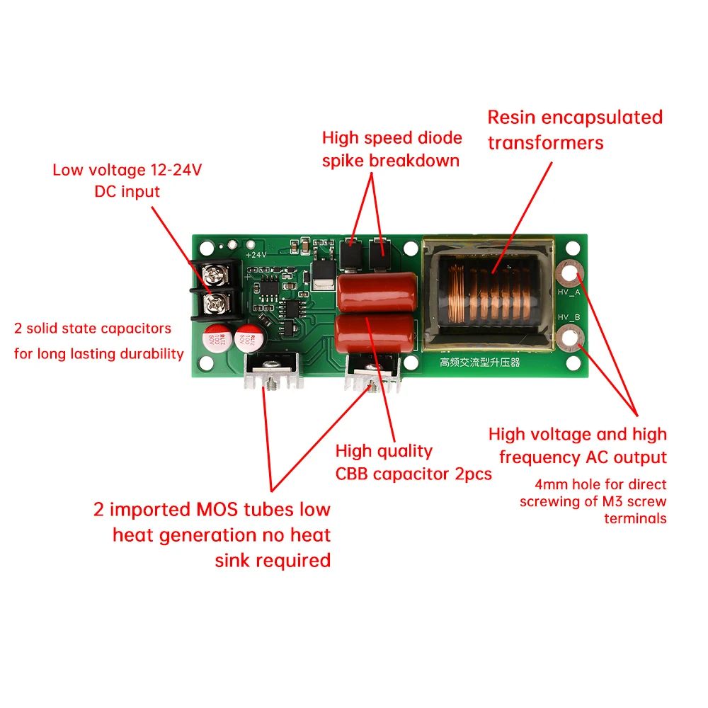 Generatore ad alta tensione inverter elettronico con uscita CA ad alta frequenza da 12 V/24 V a 1 KV/2 KV