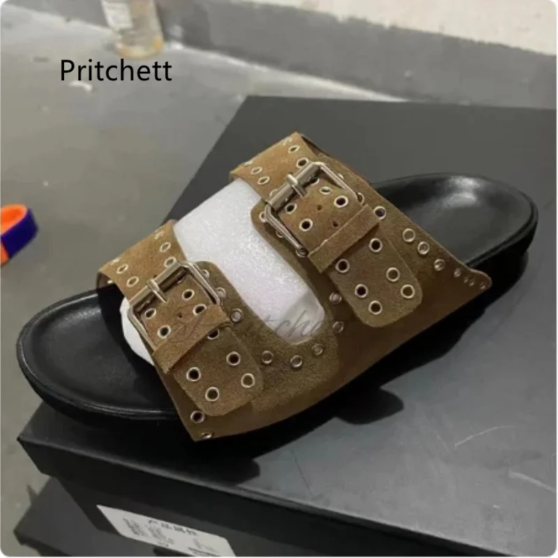 

Thick Flats Bottom Belt Buckle Slippers for Women Riveted Cowhide Comfortable Soft Casual Beach Vacation Women's Shoes Summer