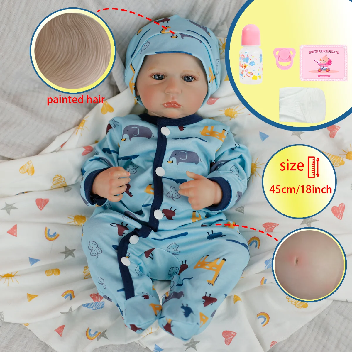 18-Zoll-Ganzkörper-Rebornpuppe für Neugeborene, Junge, Cameron mit handbemaltem Haar, 3D-Haut, sichtbare Adern, für Kindergeburtstagsgeschenke