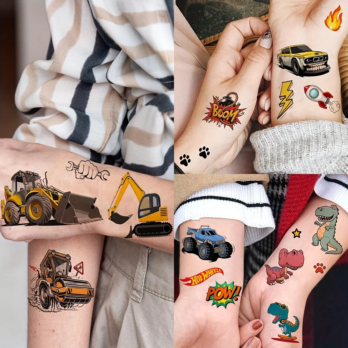 20pcs Dinosaur Traffic Car Temporary Tattoos for Kids Children Cartoon Plane Bus Fake Tatoos Hand Face Body Pegatinas Infantiles