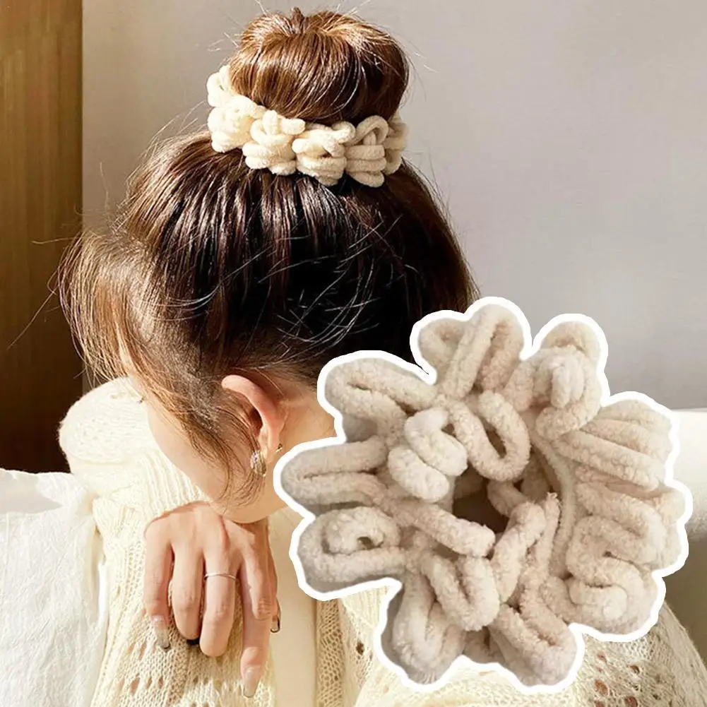 Women Elegant Solid Flods Plush Soft Elastic Hair Bands Ponytail Holder Hair Tie Fluffy Scrunchie Rubber Band Hair Accessories