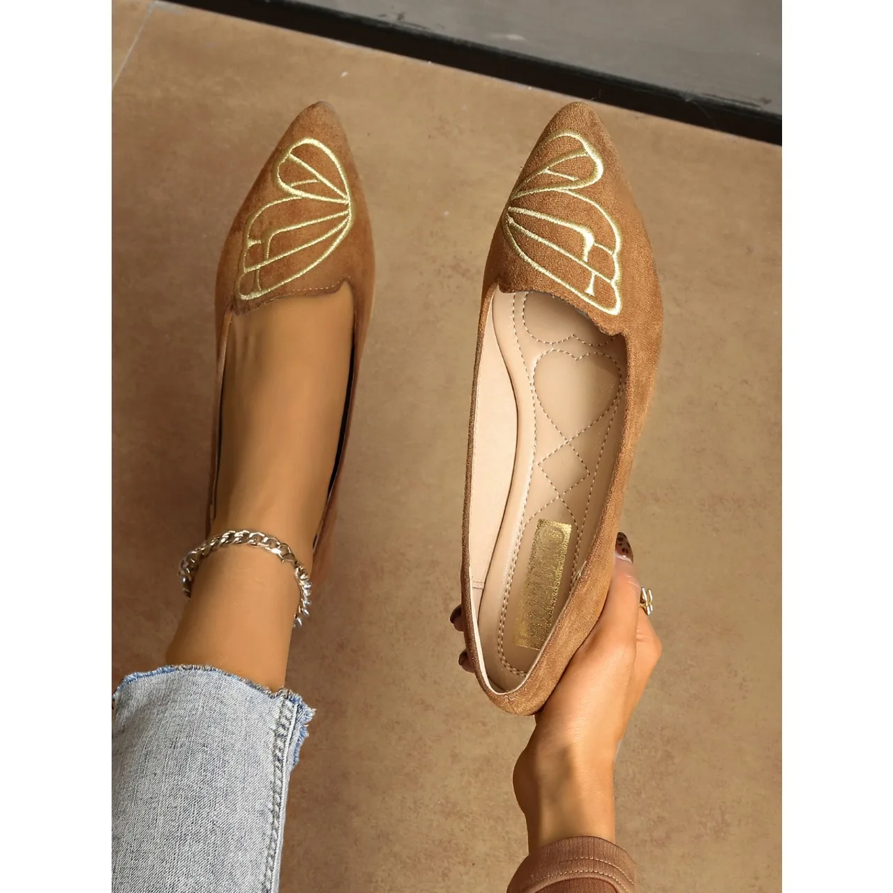 

New Arrival Suede Casual Shoes Women Pointed Toe Slip on Female Comfortable Loafer Shoes Butterfly Wing Flat Shoes Woman