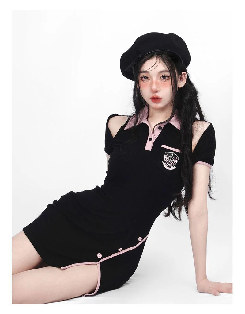 Hot Girl Korean Dresses Women Streetwear Clothes Embroidery Polo Short Sleeved Bag Hip Black Summer Mini Dress Women