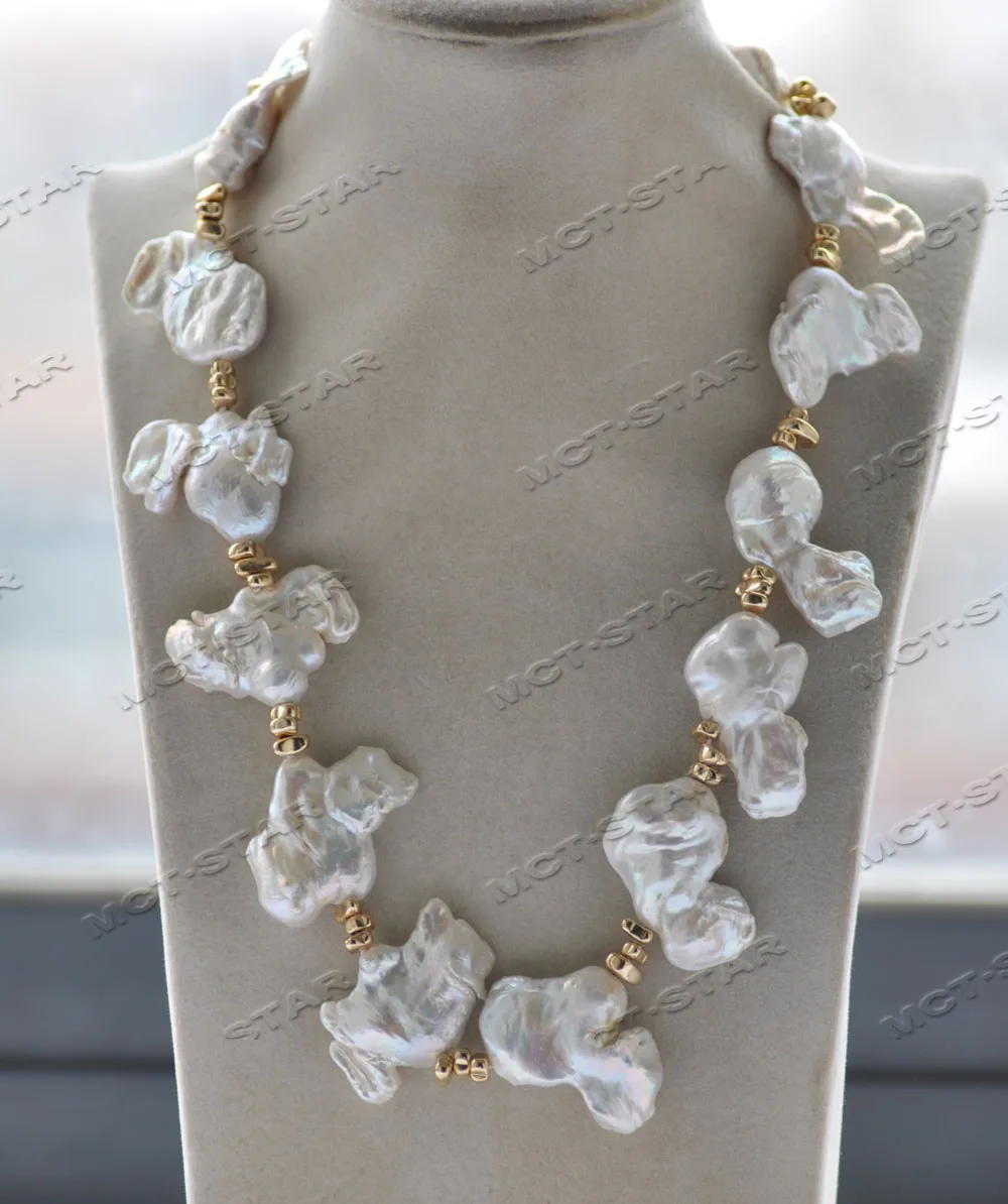 

Z12438 21" 38mm White Baroque Reborn KESHI Pearl Golden Hematite Necklace