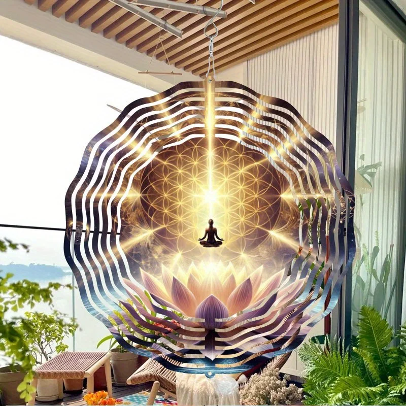 2D Flacher, 1-teiliger Bohemian Metall-Windspinner mit Blume des Lebens - Buntglas-Windspiel mit Goldenem Geometrischem Design