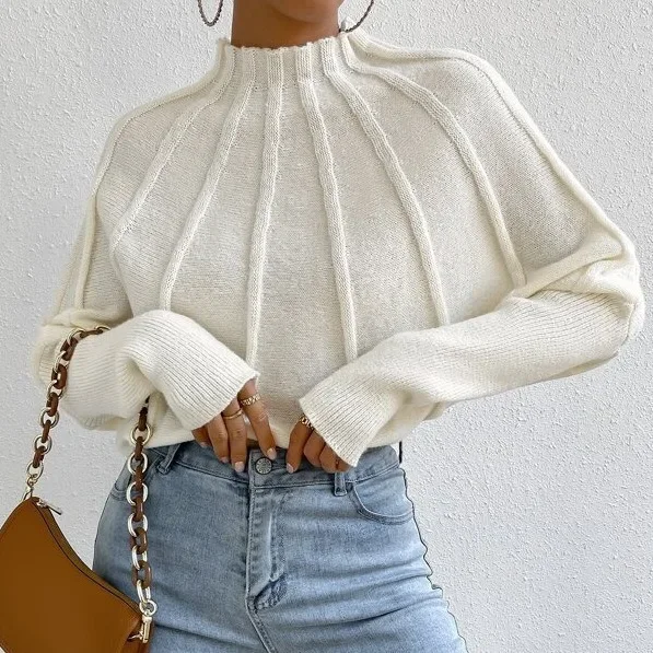 Women's Knitted Sweater Solid Color Half High Neck Solid Color Versatile Bat Sleeve Sweater 2024