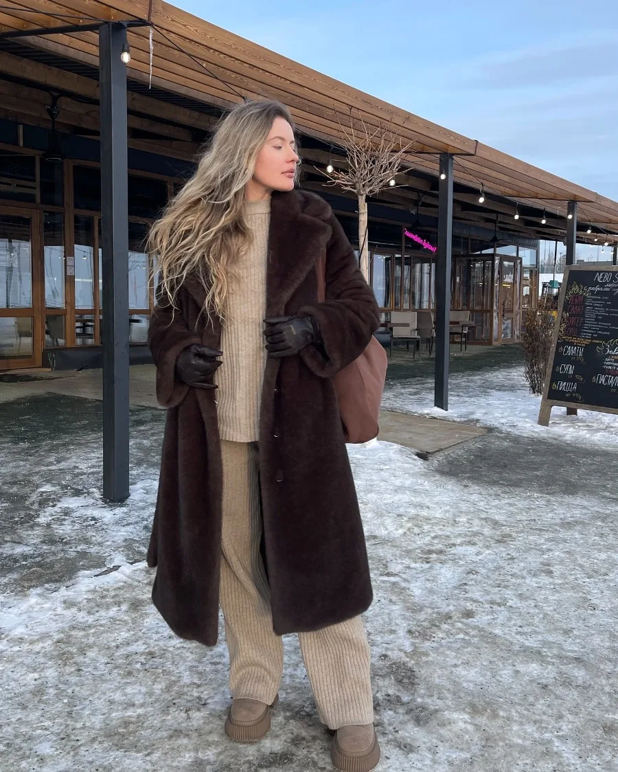 Casaco maxi de pele sintética marrom vintage premium com cinto deslumbrante mob esposa parka outwear pele de vison aconchegante inverno roupa quente inspiração