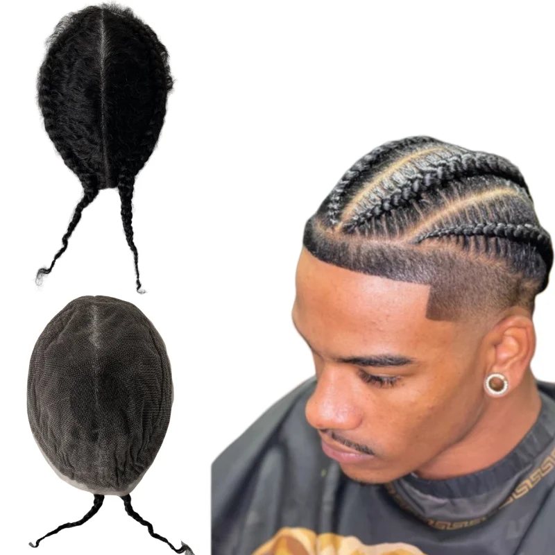 

Brazilian Virgin Human Hair Systems Black Color Afro Baby Hair Cornrow Braids Toupee Full Lace Unit for Black Men