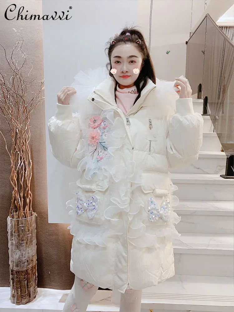 

Down Jacket Winter New Korean Sweet Heavy Sequin Ruffle Trim Patchwork Thickened Long Coat Women's Elegant Warm Duck Down Coat