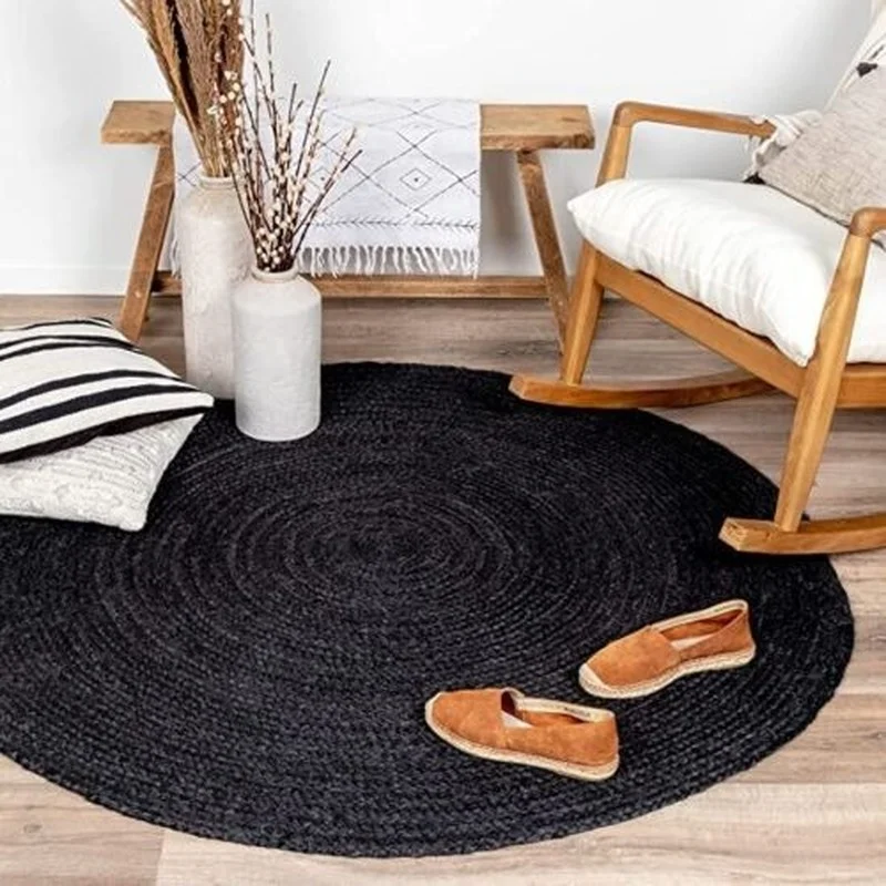 

Black Rug Round Jute 100%Natural Handmade Farmhouse Look Hand Braided Rustic Rug Bedroom Decor