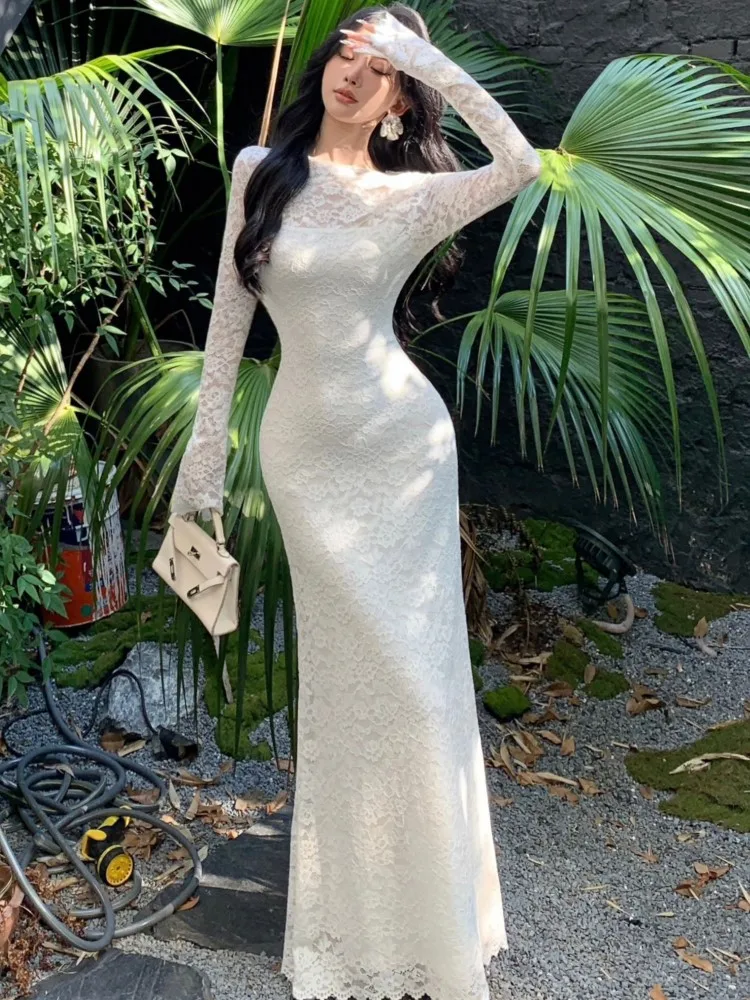 Sexy Lace Two-piece Solid Midi Dress Set Women Long Sleeve O-neck Slim Waist Bodycon Vestidos Autumn New Wedding Party Dresses