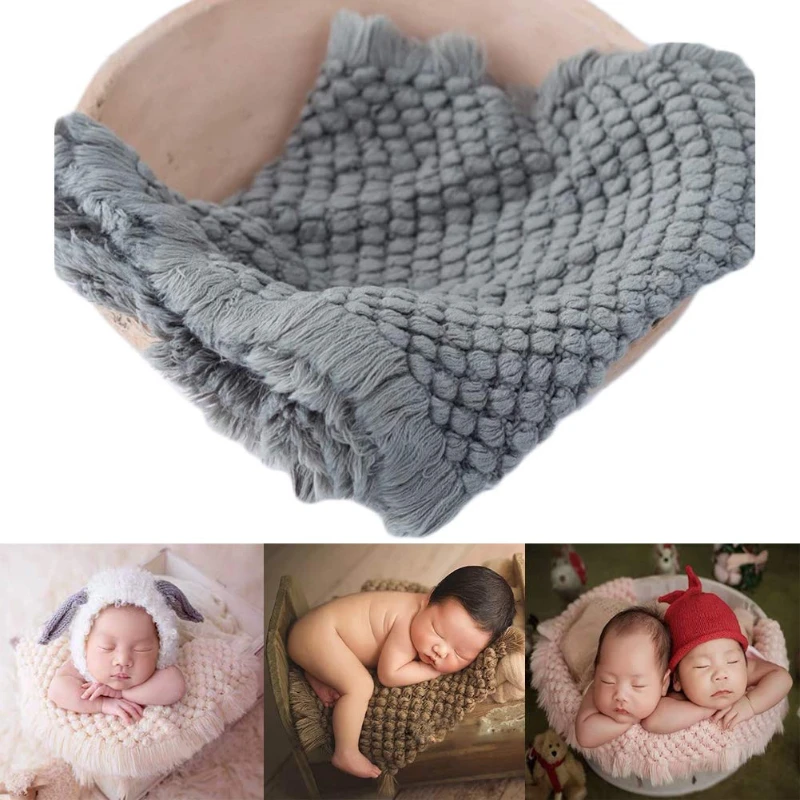 Newborn Photography Blanket Handmade Knitted Soft Cotton Posing Cushion Rattan Basket Plush Backdrop Mat Baby Photoshoto Props