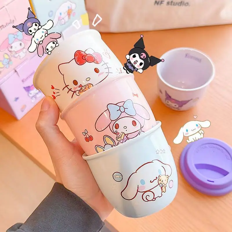 Kawaii Hello Kitty Kuromi My melody cartoon pattern coffee cup for women new ceramic casual cup with lid couple water cup
