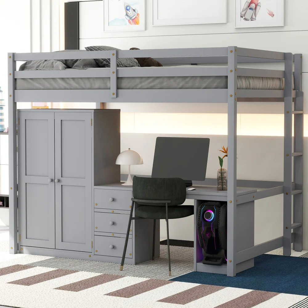 

4-in-1 Full Size Loft Bed with 2 Large Drawers Wardrobe, Desk and Storage Drawers,Modern Style Daybed,Children Bed Boys Bed Gray