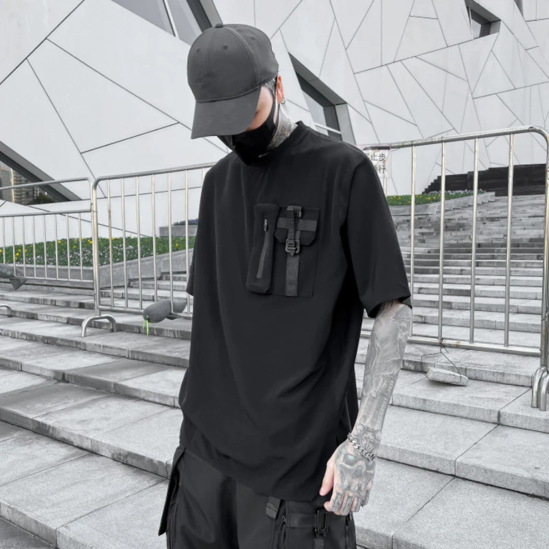 2023 Summer Tactical T-Shirt Mens Techwear Pocket Design Functional T Shirt Streetwear Harajuku Tshirt Black Tees Tops