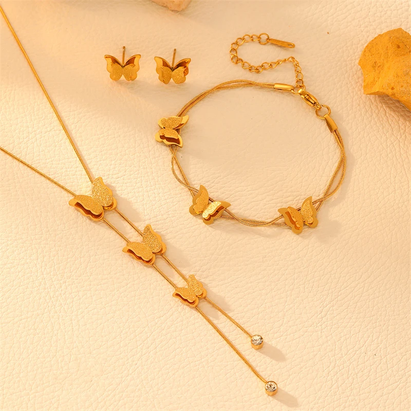 316L الفولاذ المقاوم للصدأ موضة جديدة مجموعة مجوهرات مقاومة للماء لا حساسية فراشة سحر سلسلة القلائد سوار أقراط للنساء