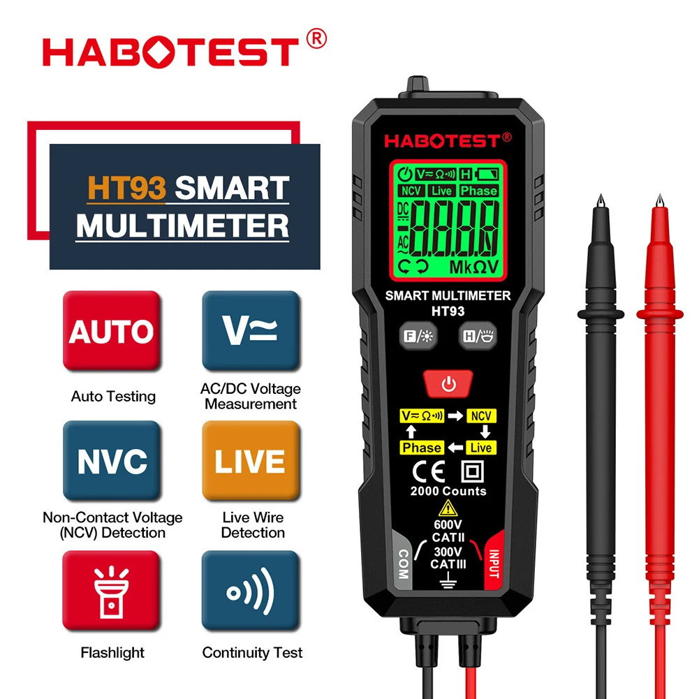 HT93 Digital Multimeter TRMS 2000 Counts Auto-Ranging AC/DC Voltage Resistance Tester with NCV Live Wire/Continuity Test