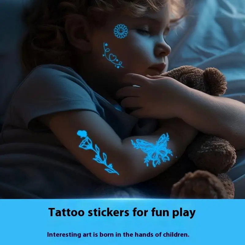 1/6 hojas de pegatina de tatuaje luminosa azul, resistente al agua, temporal, para dedo, muñeca, arte corporal, tatuaje de mariposa falsa