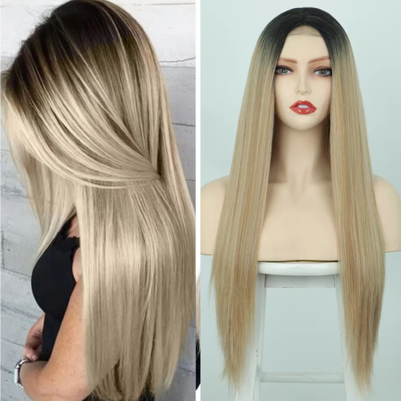 Dark Root Party Hair Wig for Women 28inch Synthetic Wigs Silky Long Straight Wig  Heat Resistant Fiber