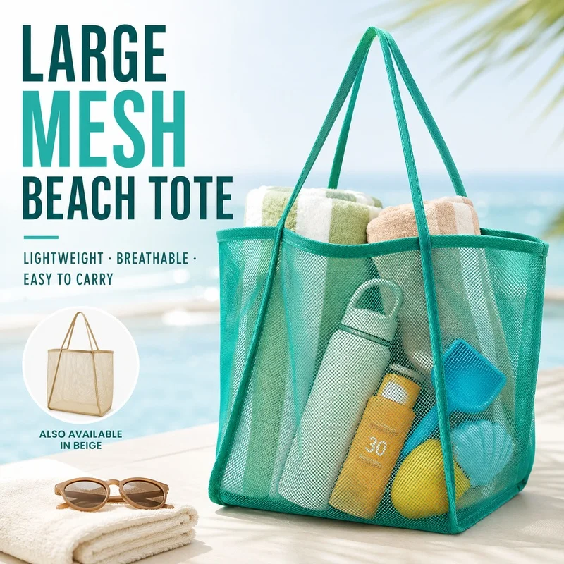 Image of Große Strandtasche aus Netzstoff, leichte, atmungsaktive Umhängetasche für Pool, Reisen, Handtücher, Spielzeug, Einkaufen