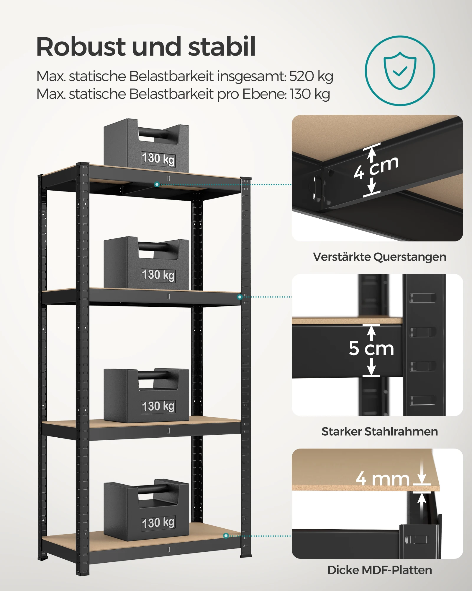 SONGMICS 1-liter kitchen shelf Storage rack, 40x80x160 cm,4 adjustable shelves