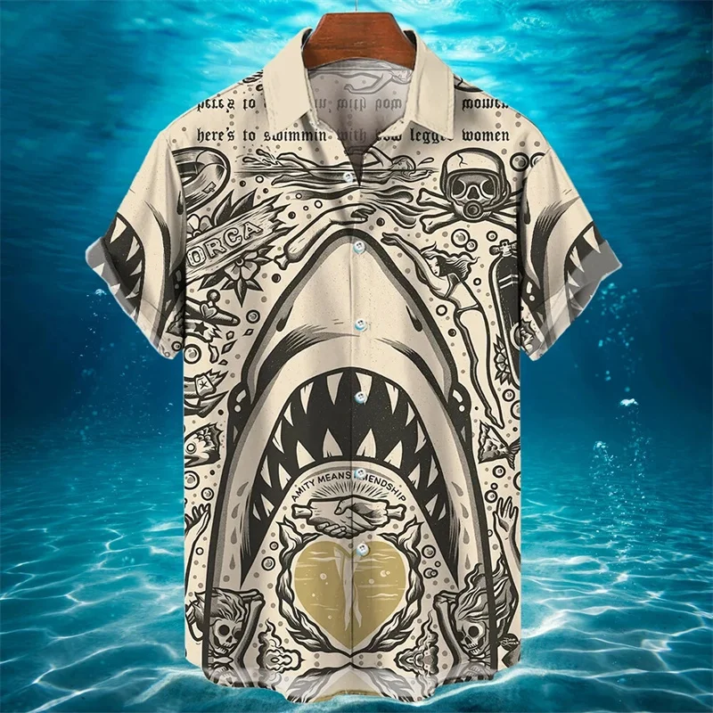 

3D Printed Shark Hawaiian Shirt For Men Ocean Animal Pattern Blouse Summer Loose Street Aloha Shirts Lapel Tops Short Sleeves