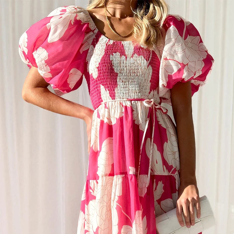 High Quality 2024 Spring Summer Collection One Shoulder Cake Skirt Printed Long Dress  Bubble Sleeves Elegant Dress ﻿