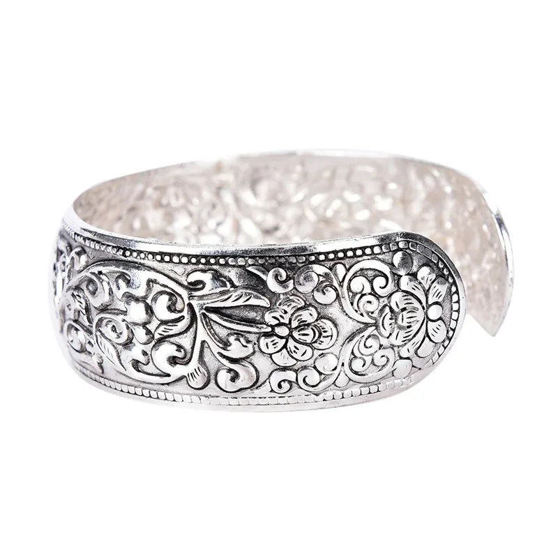 New Tibetan Silver Totem Bangle Carved Lucky Flower Bangle Cuff Bracelet