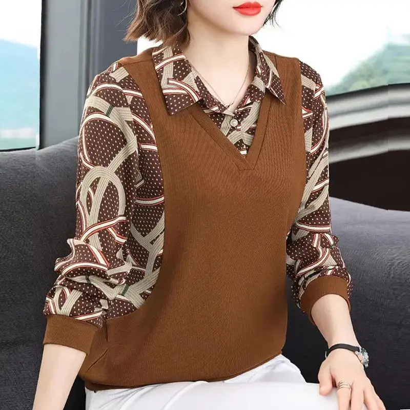 Frühling Herbst gefälschte zweiteilige Bluse Vintage Langarm bedruckte Damen bekleidung pendeln Revers Knopf stilvolle Patchwork-Shirt