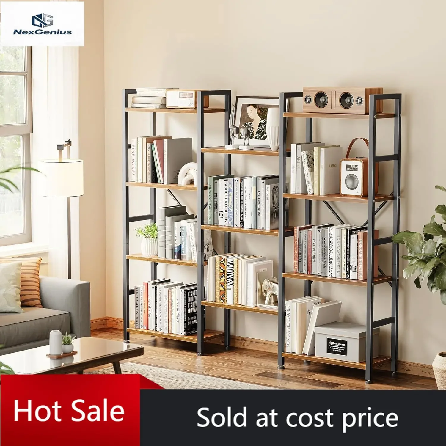 

SUPERJARE Triple Bookshelf, Bookcase with 11 Open Display Shelves, Wide Book Shelf Book Case for Home & Office, 4 Tier, Brown