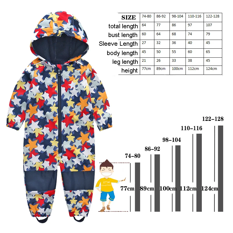 Children's soft shell plus velvet integrated windproof and rainproof jumpsuit Children's waterproof jumpsuit, warm jumpsuit,