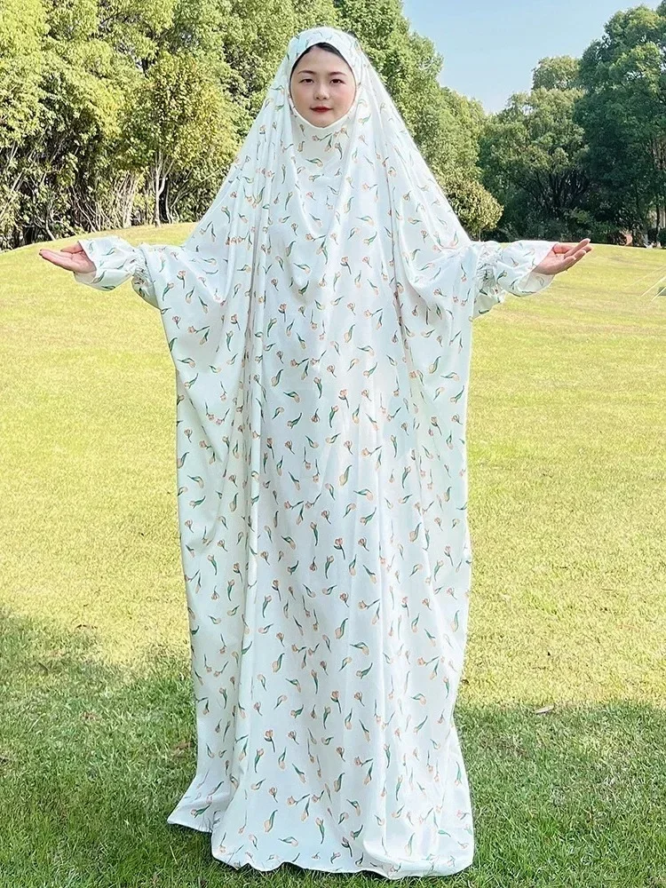 

Ramadan Floral Print Hoody Abaya Muslim Prayer Dress Long Khimar Hijab Full Cover Abayas Women Dubai Islam Kaftan Robe Niqab