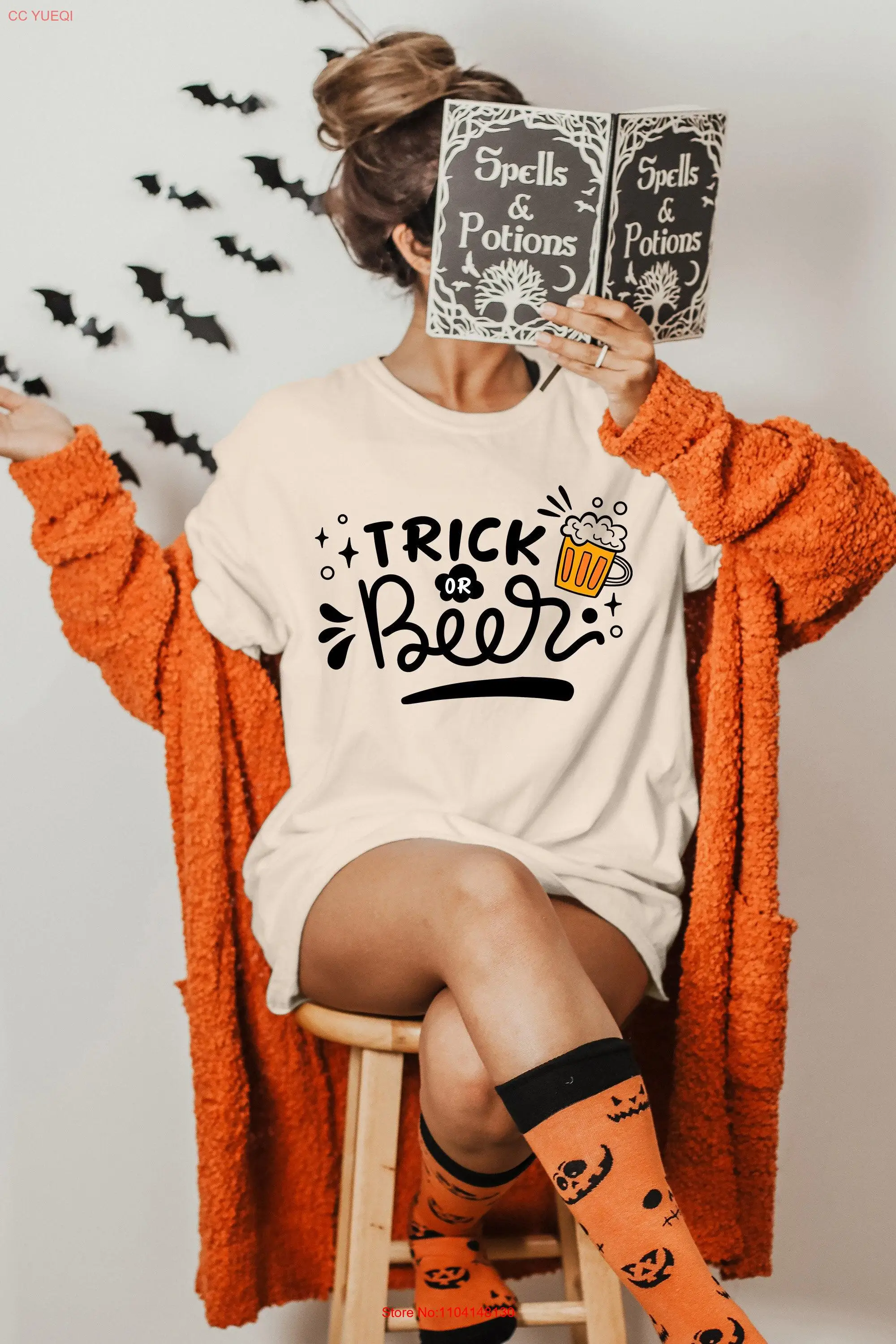 Trick Or Beer Sweater Funny Halloween T Shirt Party Spooky Season Treat Brew Booze long or short sleeves