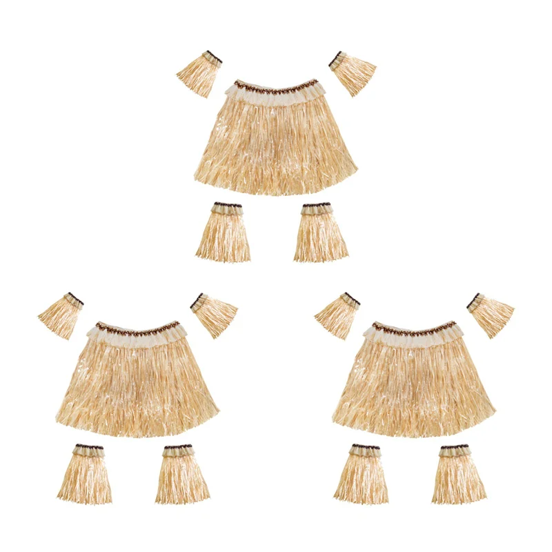 

A26F-3X Hawaiian Grass Skirt Suit Elastic Arm Sleeve Feet Cover Grass Skirt Hula Dance Costume Beach (Straw Color)