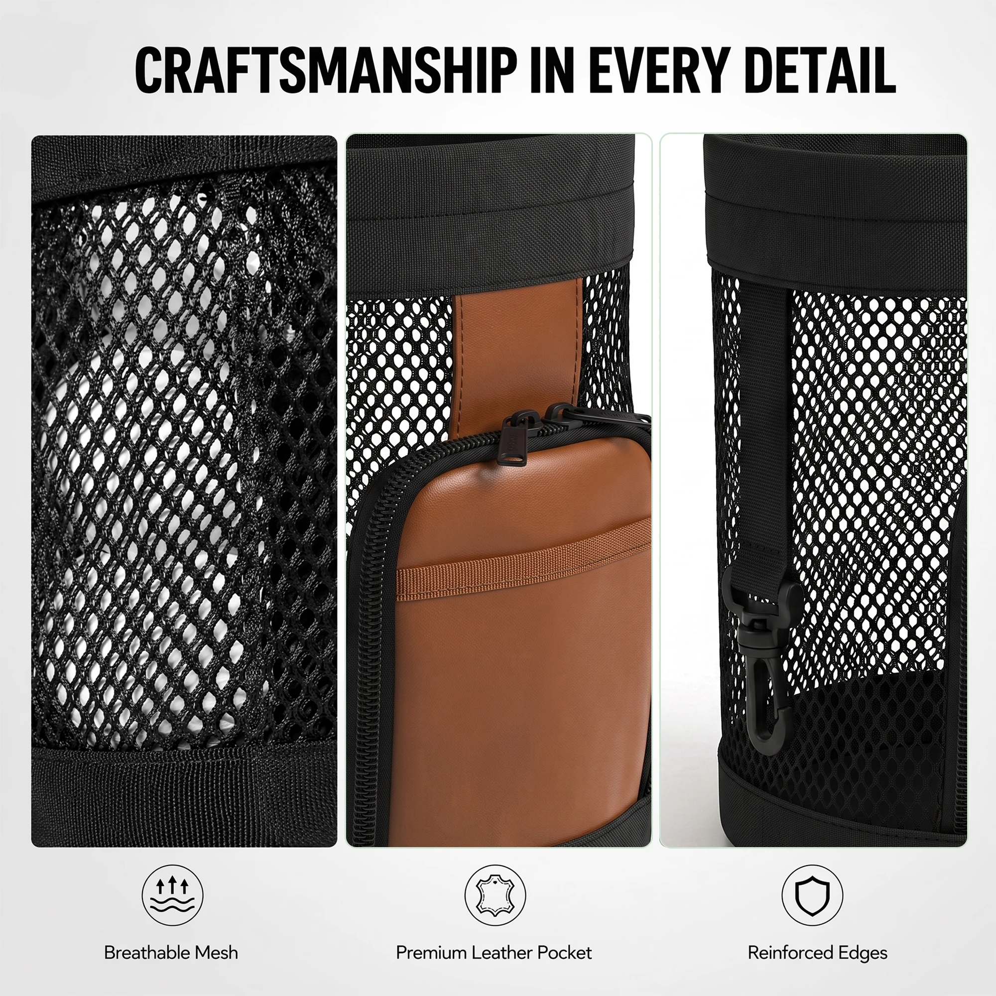 Golf Ball Storage Bag PU Mesh Zipper Compartment Drawstring Closure Large Capacity Carabiner Sizes S/M/L Golf Practice Accessory