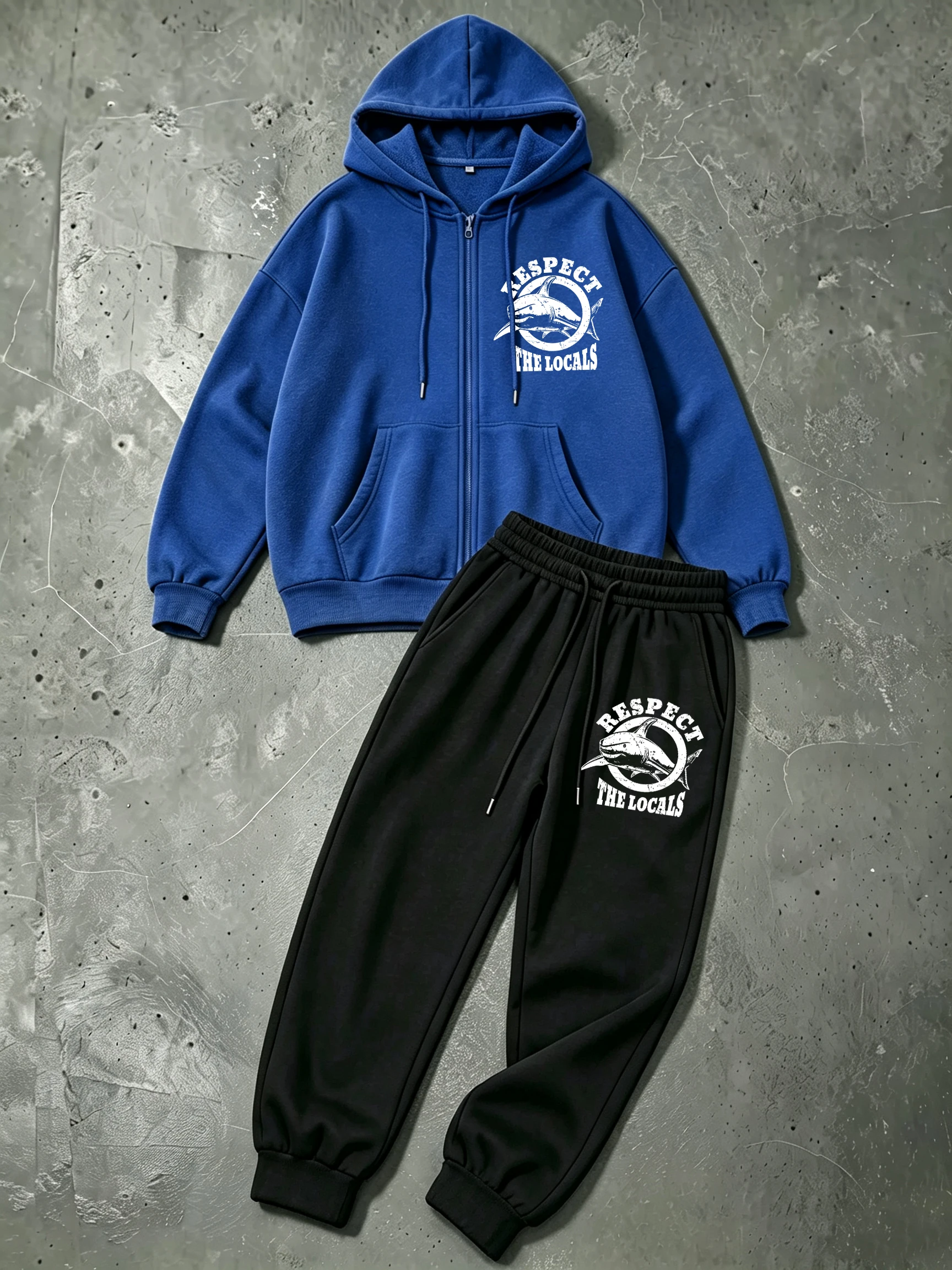 Respect The Locals Sharks Print Men Zipper Hoodie Suit Fleece Autumn Hoody Set Drawstring Pocket Sportswear Loose Gym Sweatpants view 3