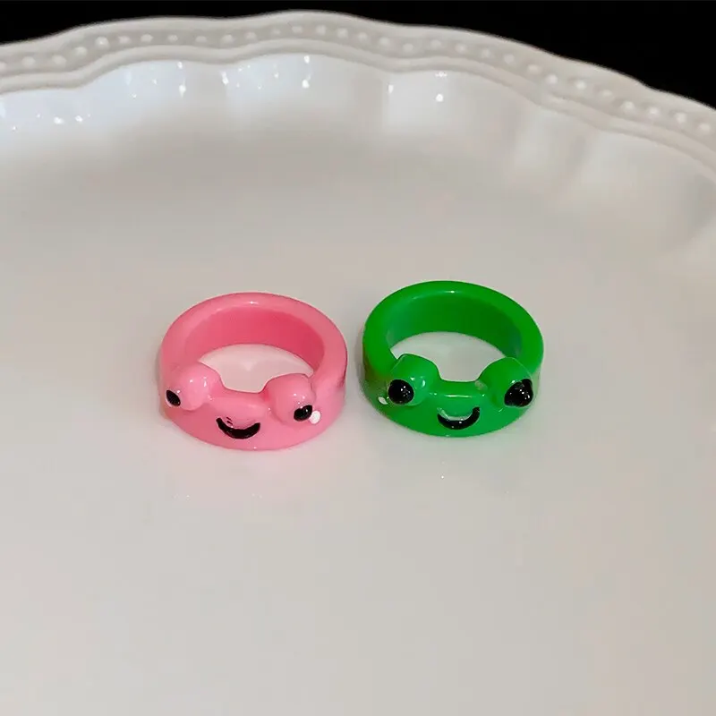 Cartoon Green Pink Frog Rings Display Boxes Cute Acrylic Animal Rings Summer Finger Jewelry Gifts For Couple Best Friends