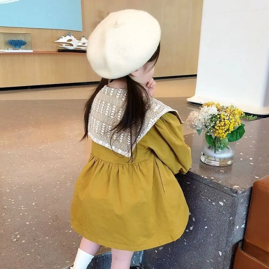 Baby Girl Doll Collar Loose Trench Coat 2023 Spring Fall New Korean Children\'s Bow Princess Dress Girls Kids Dresses for Girls