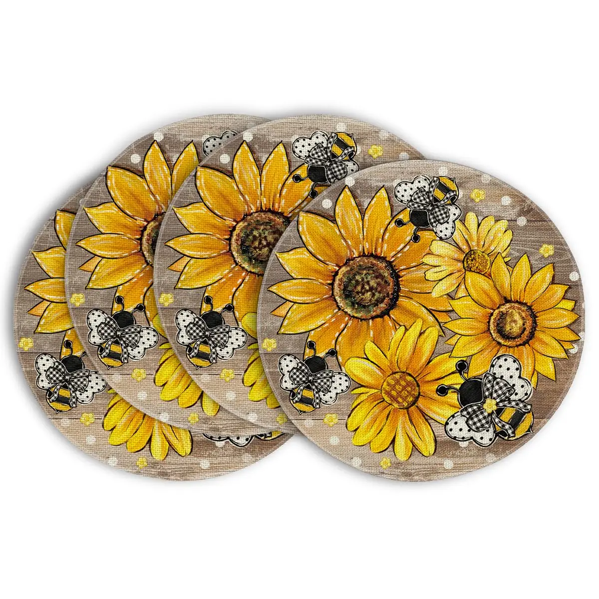

Wood Sunflower Bee Flower Polka Dot Round Summer Placemats Set of 4, 14 Inch Farmhouse Fall Round Table Mats for Dining Decor