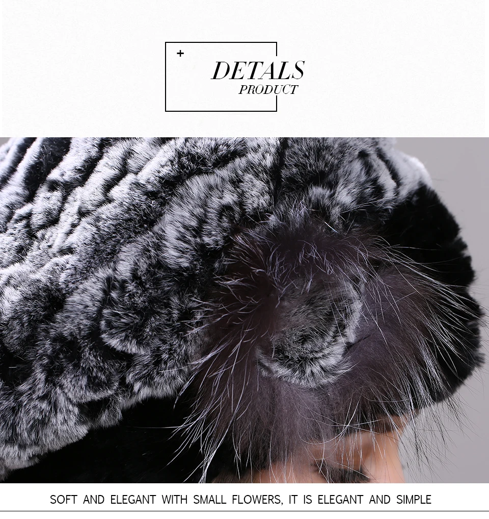 Berets für Frauen Echte Kaninchen Pelz Hut Winter Kausalen Warme Gestrickte Kappe Für Mädchen Weibliche Mode Im Freien Große Damen Volumen Hüte – Detail 17