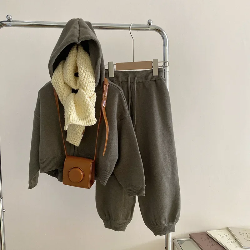 Girls Set 2024 Autumn Winter Casual Sweater Versatile Hooded Knitted Jacket Pants Two-piece Set Korean Version