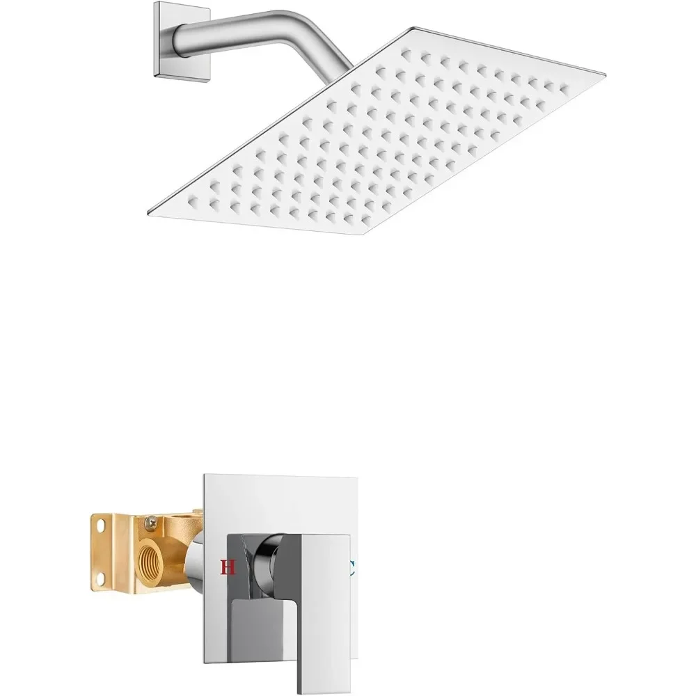 Shower Faucet Set Bathroom Rain Shower System 8 Inch Square Showerhead Single Function with H and C Labels Shower Head