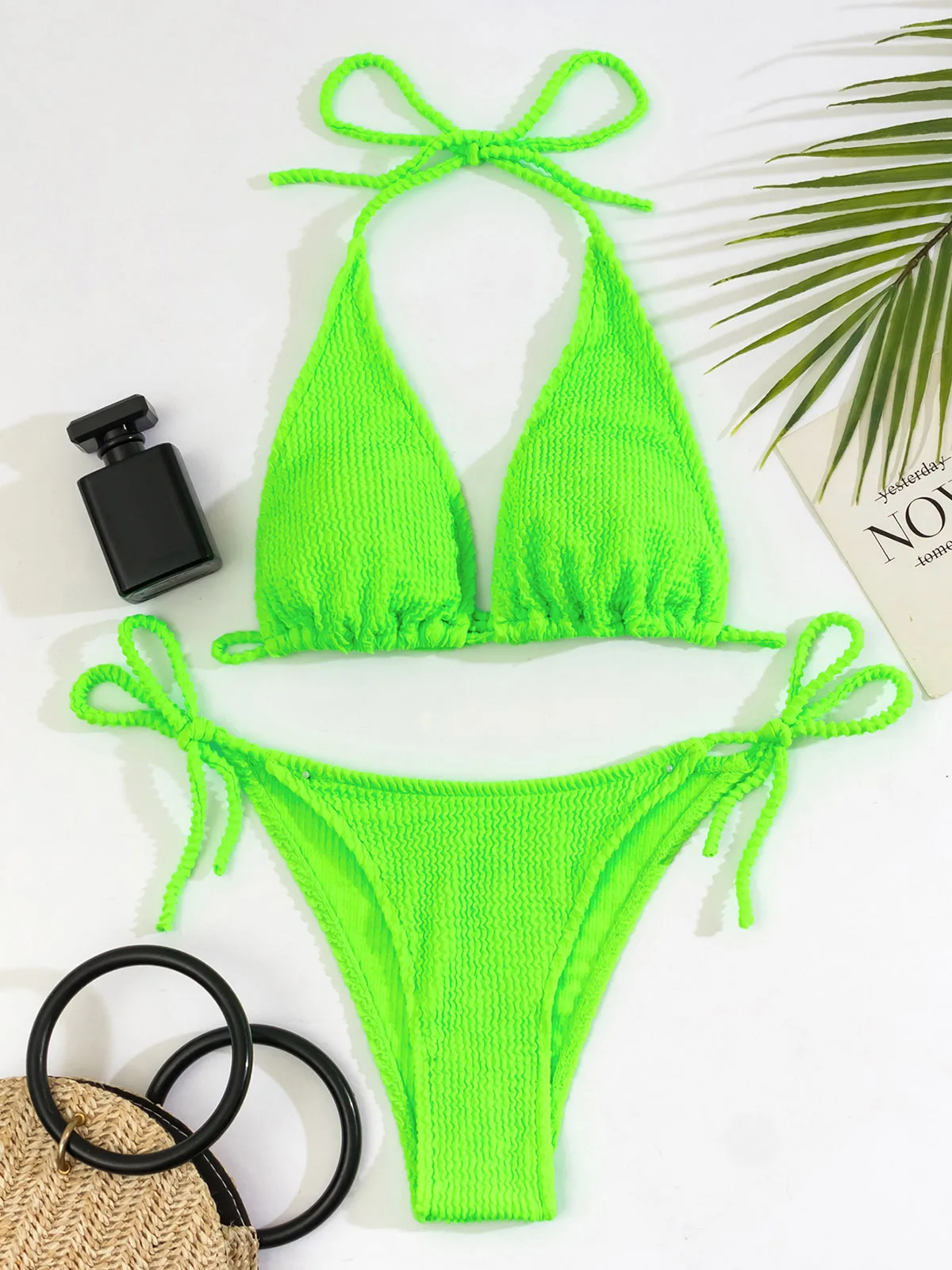 Seksowne neonowe zielone bikini dla kobiet, stroje kąpielowe Push Up, zestaw bikini Micro Thong, krzyżowe sznurowane stroje kąpielowe, mini kostiumy