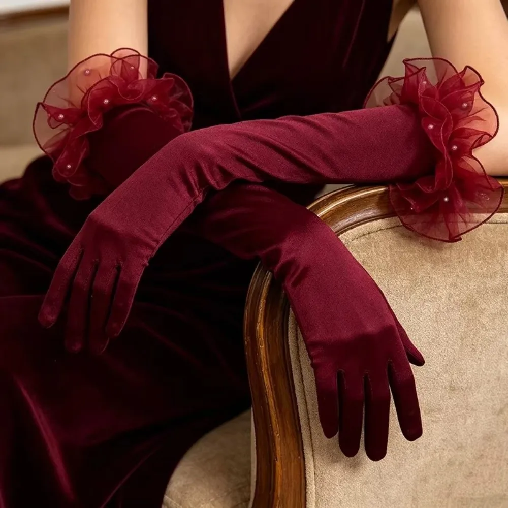 Elegant 55CM Women Long Satin Gloves Tulle Ruffle Pearl Bridal Gloves Performance Gloves Etiquette Stage