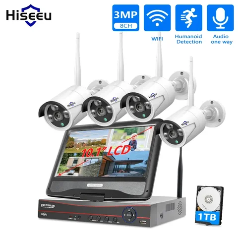 Hiseeu 무선 보안 카메라 키트, 야간 투시경, P2P IP 카메라, 방수 감시 CCTV 시스템, 10.1 인치 모니터 세트, 10CH
