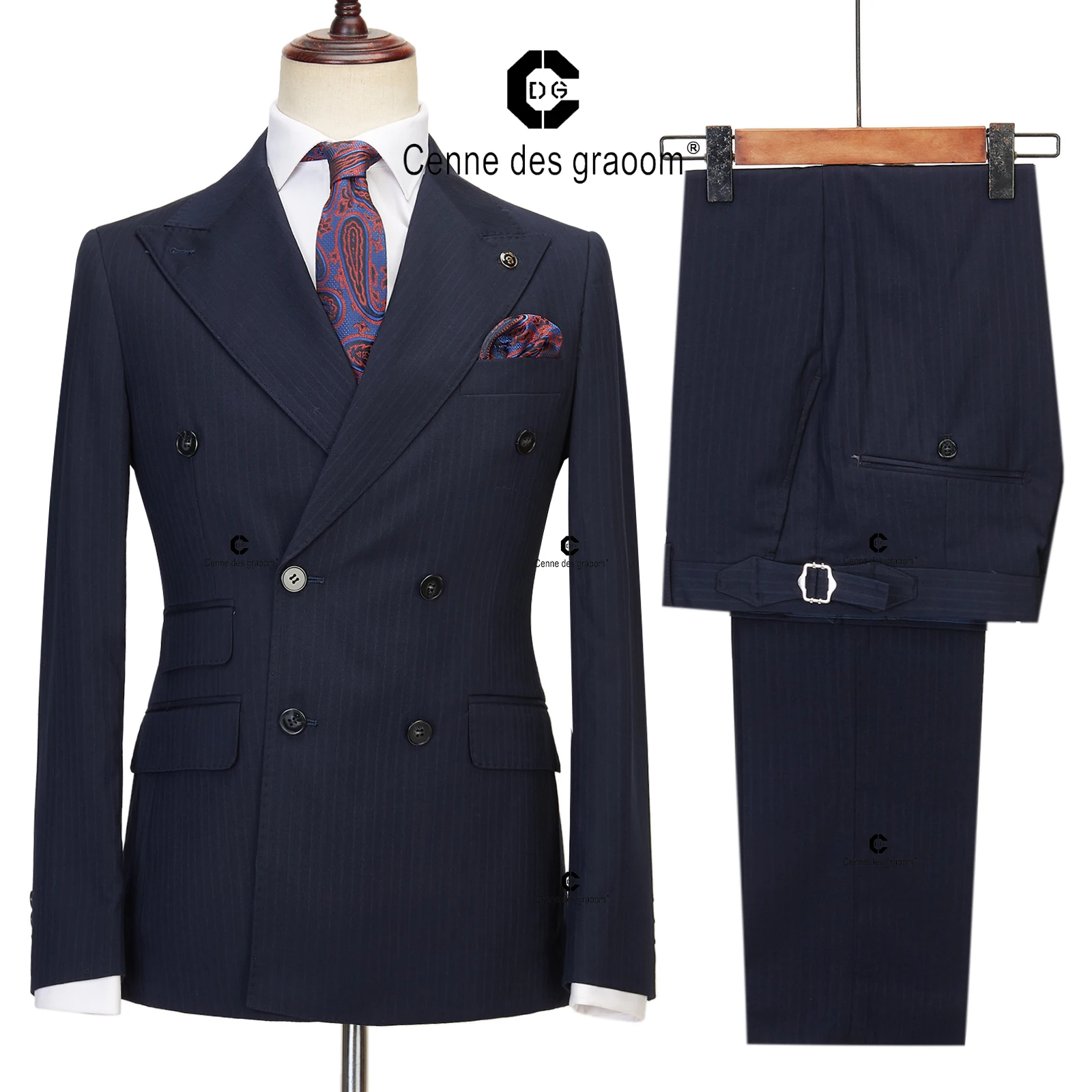 Cenne Des Graoom 2024 Double-Breasted Blue Black Stripe Men Suits Tailor-Made 2 Piece Set Jacket Pants Business Meeting Wedding